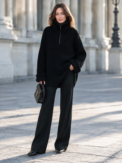 Oversized Ribbed Knit Half-Zip Turtleneck Sweater