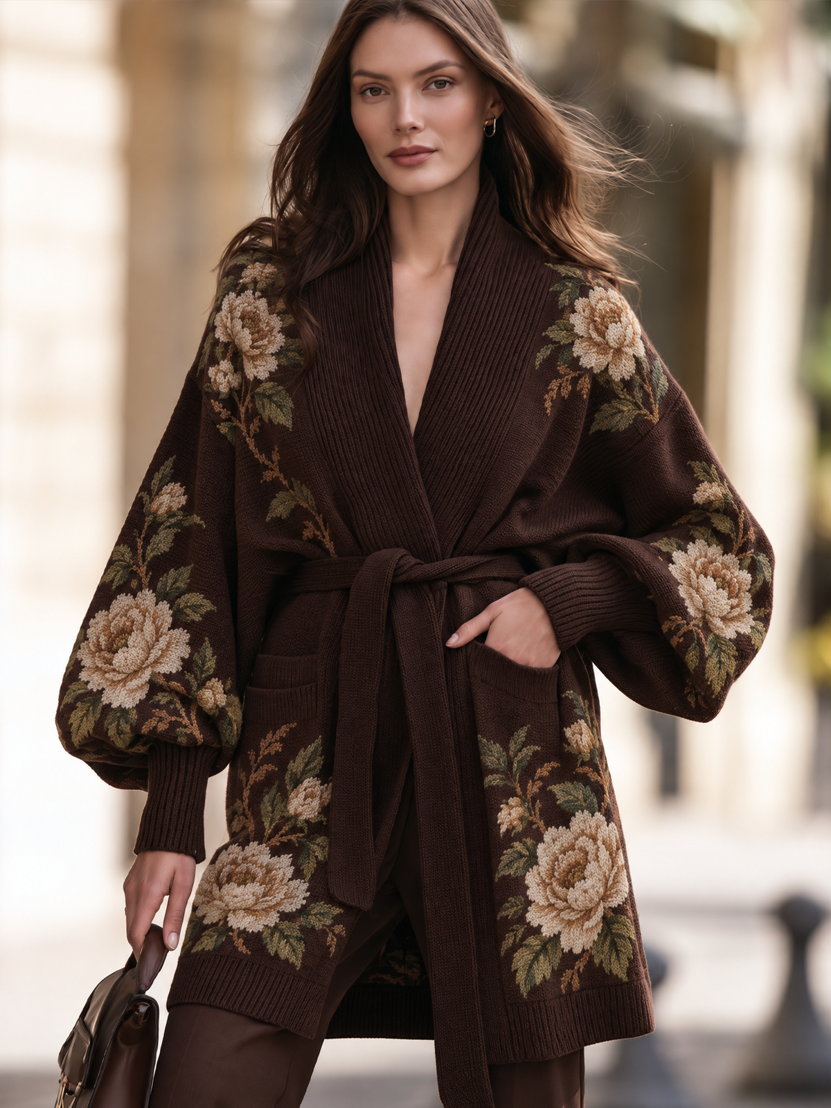Floral Jacquard Belted Knit Cardigan Coat With Shawl Collar