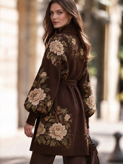 Floral Jacquard Belted Knit Cardigan Coat With Shawl Collar