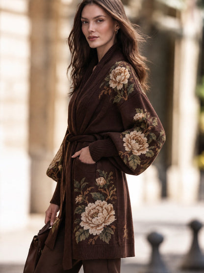 Floral Jacquard Belted Knit Cardigan Coat With Shawl Collar