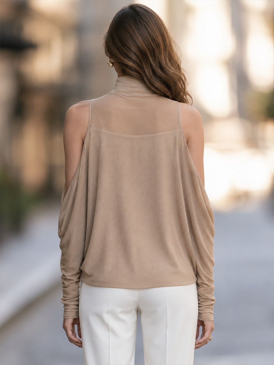 Sheer Mock Neck Cold Shoulder Draped Dolman Top With Mesh Sleeves