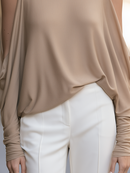 Sheer Mock Neck Cold Shoulder Draped Dolman Top With Mesh Sleeves