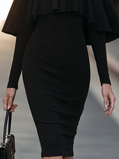 Crew Neck Long Sleeve Ruffle Cape Overlay Bodycon Midi Dress With Fitted Sheath Skirt