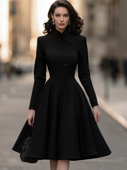 Stand Collar Long Sleeve Asymmetric Button-Front Fit And Flare Midi Coat Dress