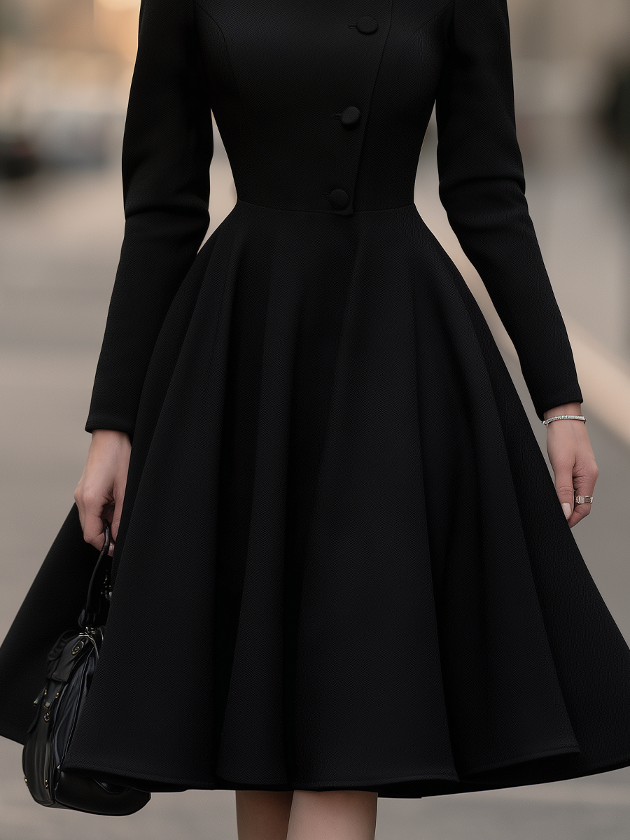 Stand Collar Long Sleeve Asymmetric Button-Front Fit And Flare Midi Coat Dress