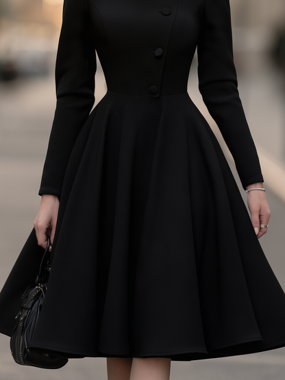 Stand Collar Long Sleeve Asymmetric Button-Front Fit And Flare Midi Coat Dress