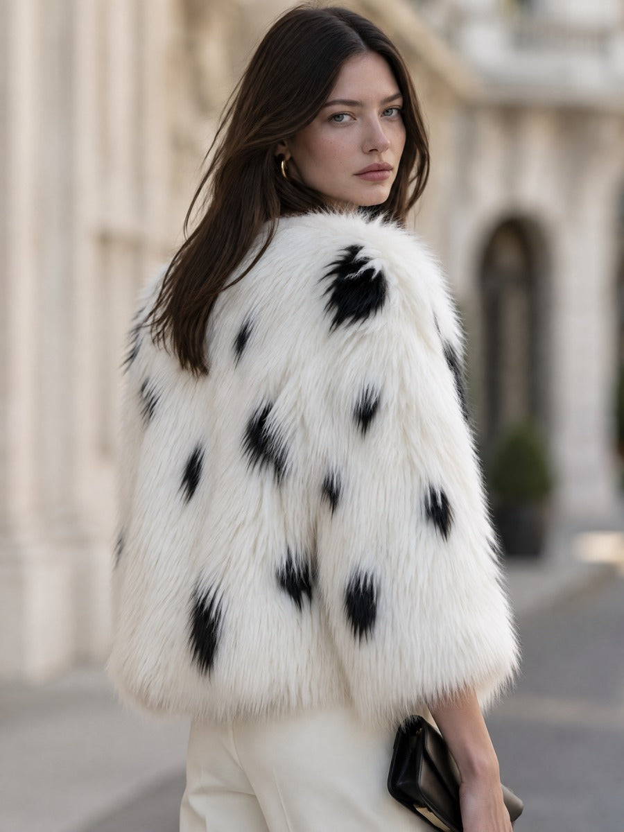 Cropped Collarless Faux Fur Jacket With Spotted Patterning