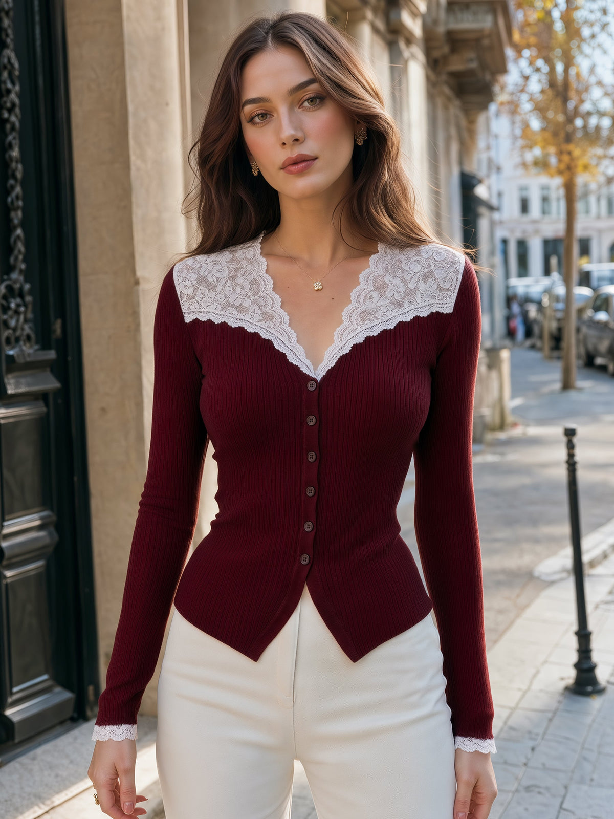 Lace Trim V-Neck Ribbed Knit Cardigan