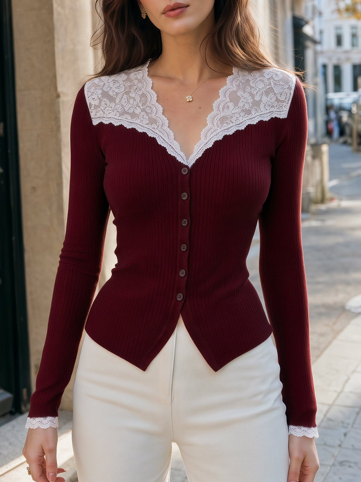 Lace Trim V-Neck Ribbed Knit Cardigan