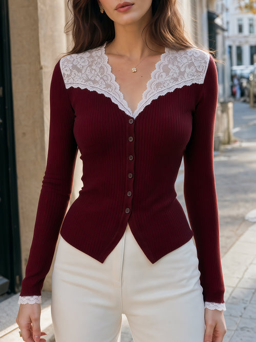 Lace Trim V-Neck Ribbed Knit Cardigan