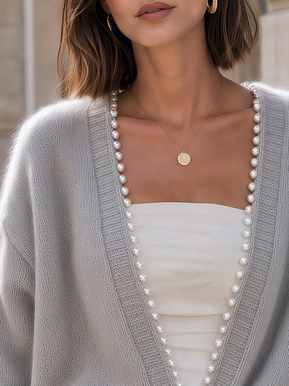 Pearl Beaded Trim V-Neck Knit Cardigan
