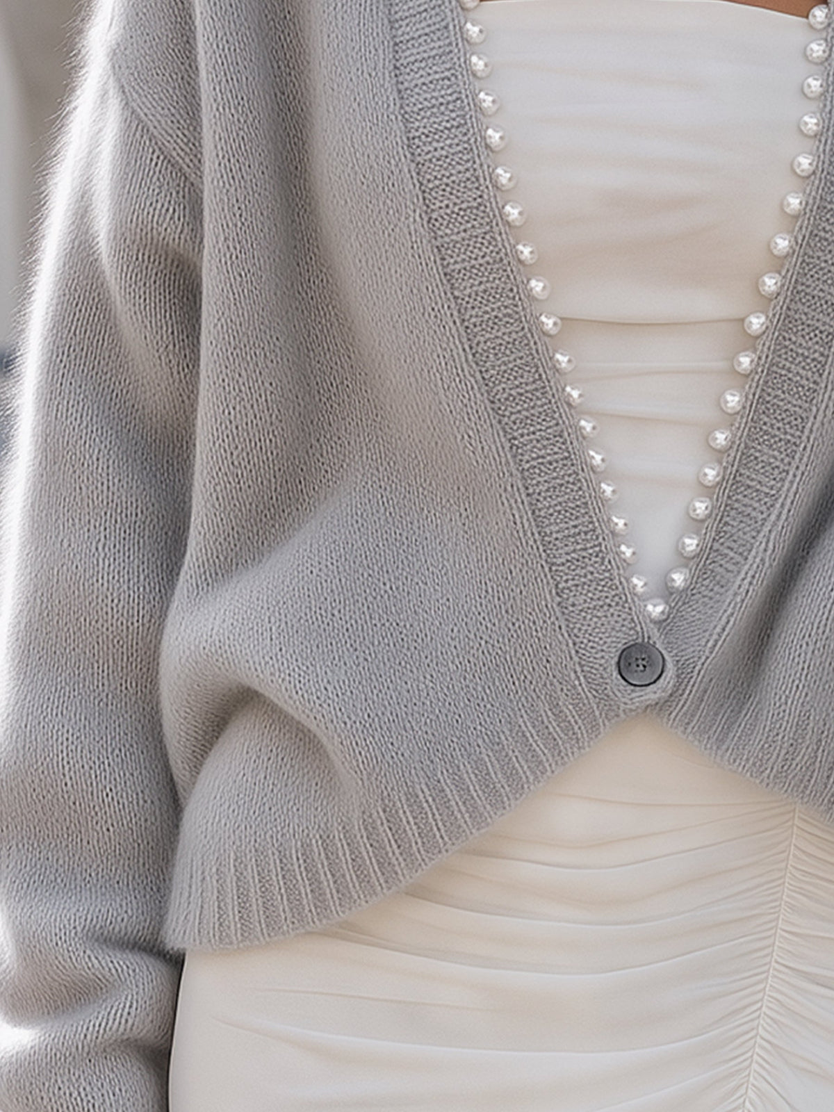 Pearl Beaded Trim V-Neck Knit Cardigan