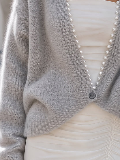 Pearl Beaded Trim V-Neck Knit Cardigan