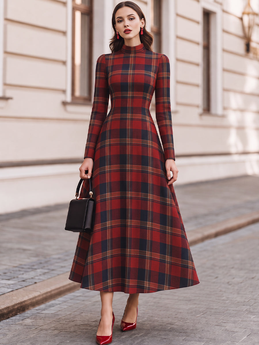 High Neck Tartan Plaid Long Sleeve Fit And Flare Maxi Dress
