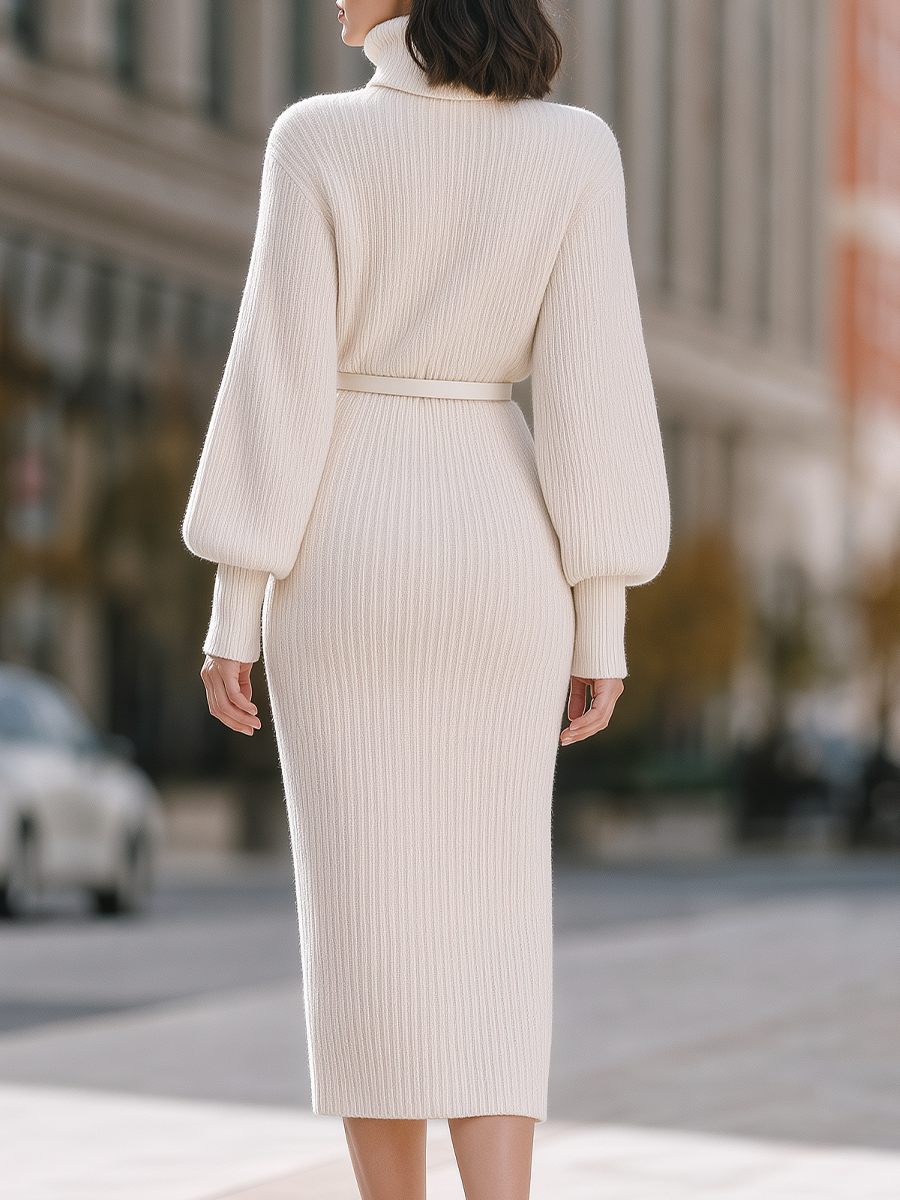 Ribbed Knit Turtleneck Balloon-Sleeve Belted Bodycon Sweater Midi Dress