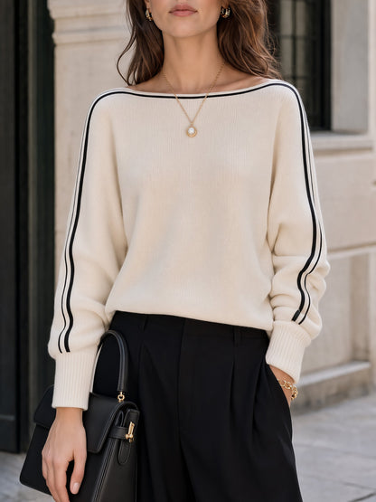Contrast Piping Boat Neck Knit Sweater