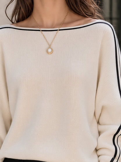 Contrast Piping Boat Neck Knit Sweater