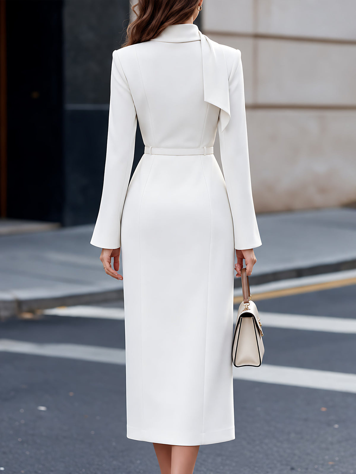 Elegant Cutout Mock Neck Belted Slit Midi Dress