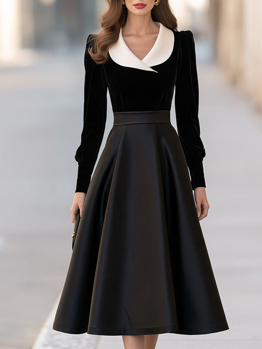 Two-Piece Style Velvet And Satin A-Line Midi Dress With Contrast Collar