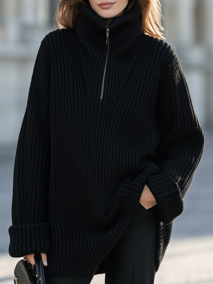 Oversized Ribbed Knit Half-Zip Turtleneck Sweater