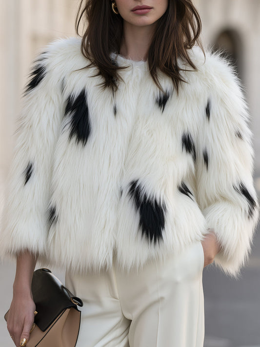 Cropped Collarless Faux Fur Jacket With Spotted Patterning