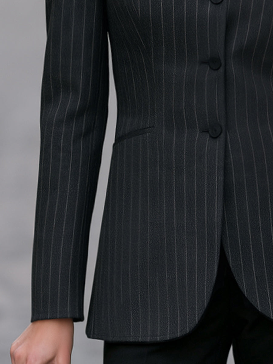 Collarless Single-Breasted Pinstripe Tailored Blazer