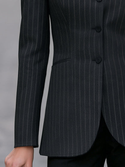 Collarless Single-Breasted Pinstripe Tailored Blazer