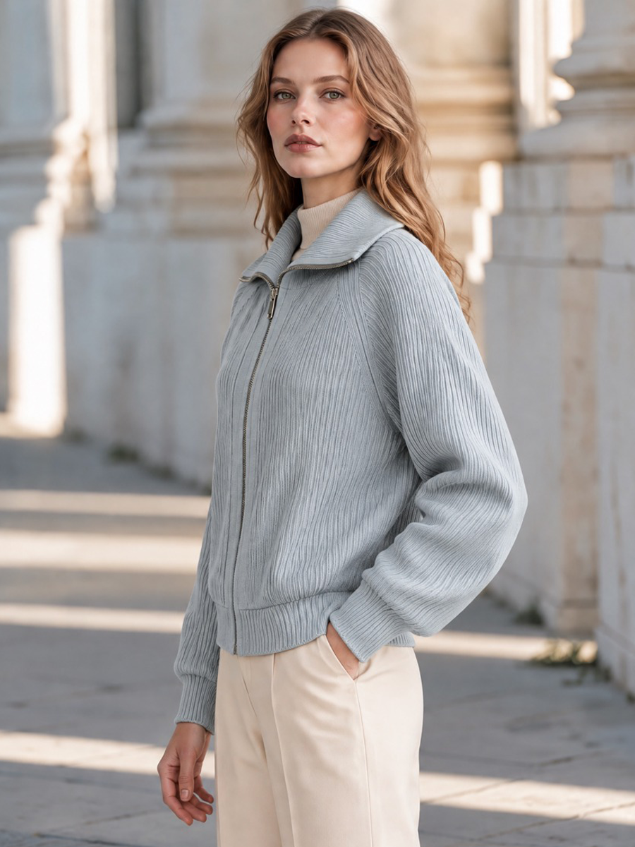 Elegant Spread Collar Ribbed Knit Zip-Up Cardigan