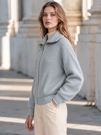 Elegant Spread Collar Ribbed Knit Zip-Up Cardigan
