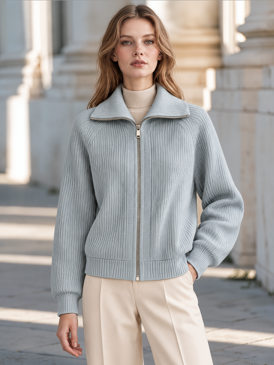 Elegant Spread Collar Ribbed Knit Zip-Up Cardigan