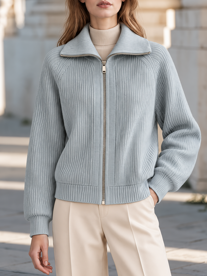 Elegant Spread Collar Ribbed Knit Zip-Up Cardigan