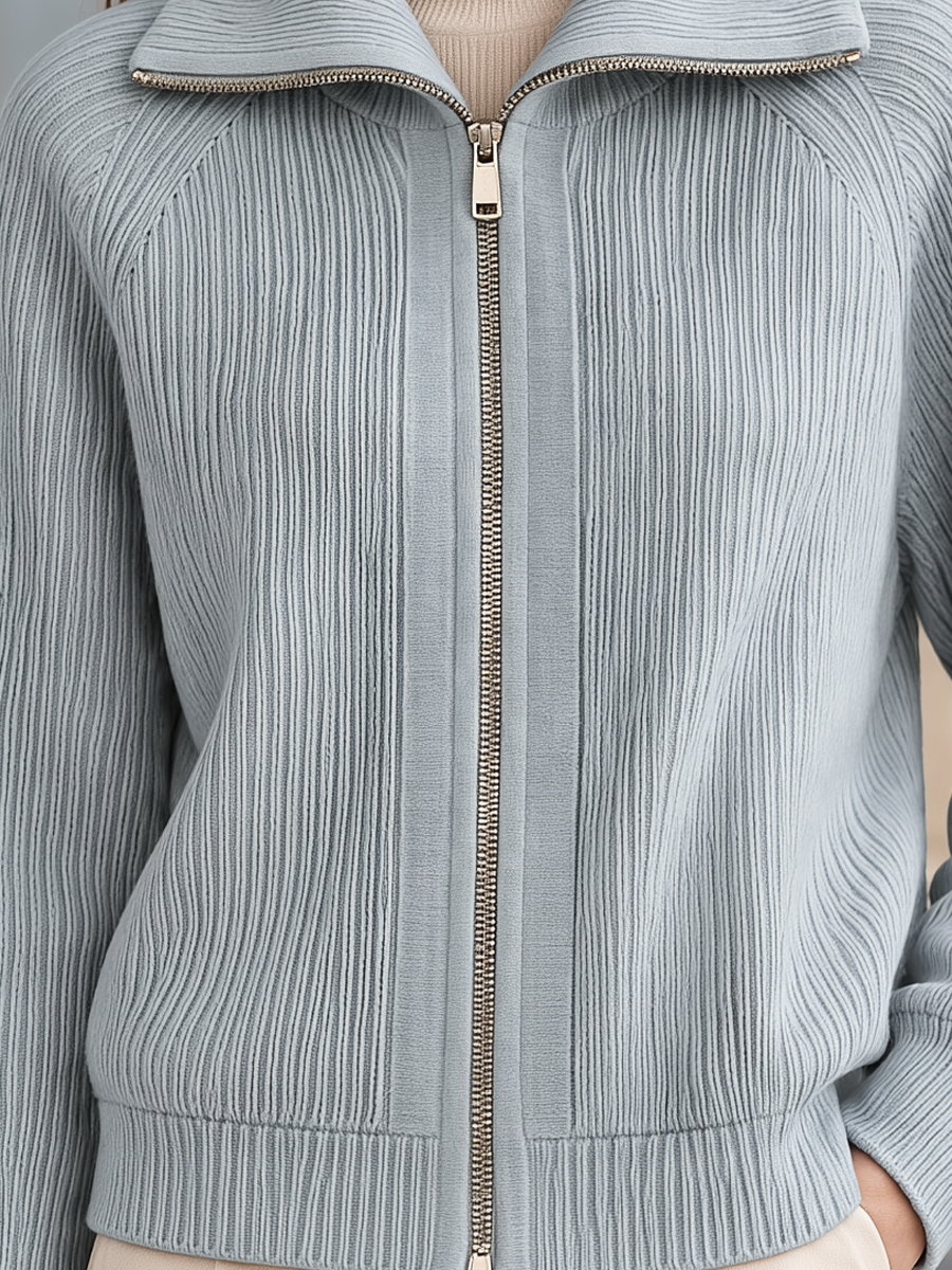 Elegant Spread Collar Ribbed Knit Zip-Up Cardigan