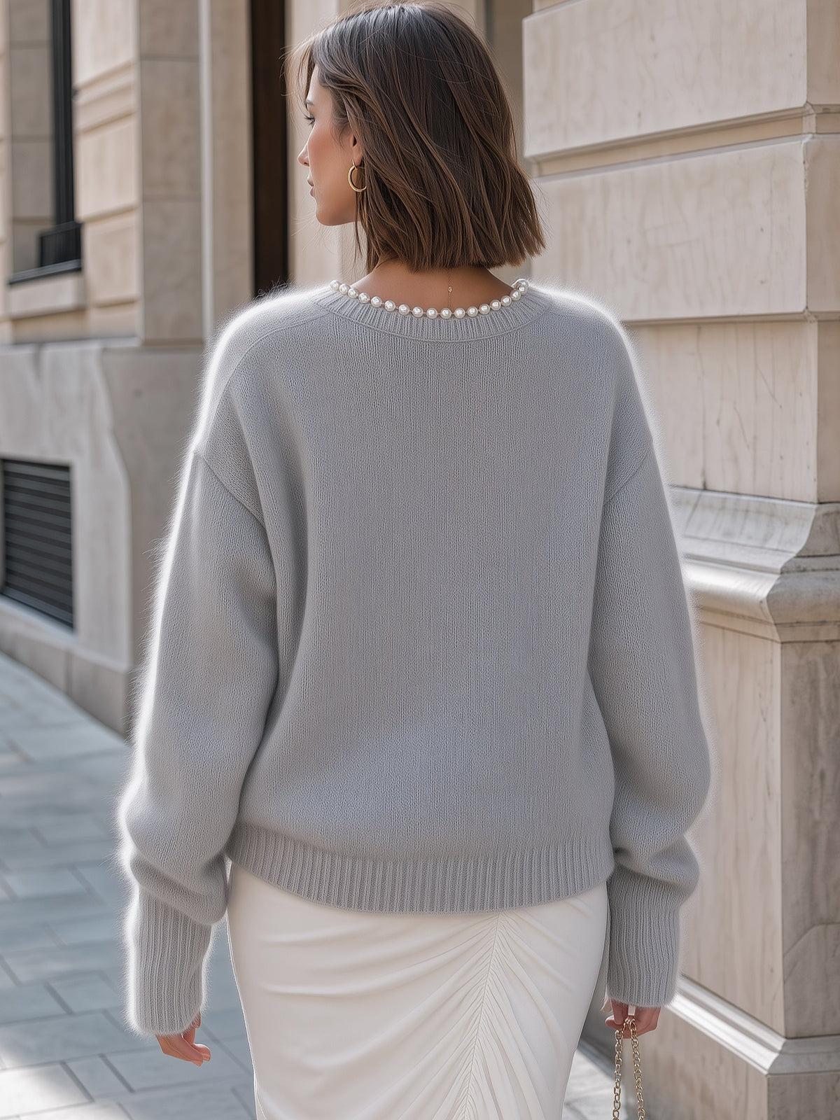 Pearl Beaded Trim V-Neck Knit Cardigan
