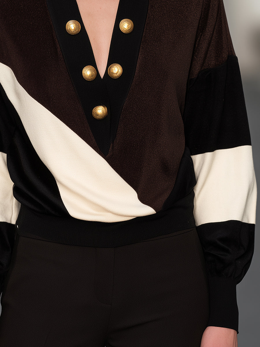 Color-Block Button-Detail Knit Top