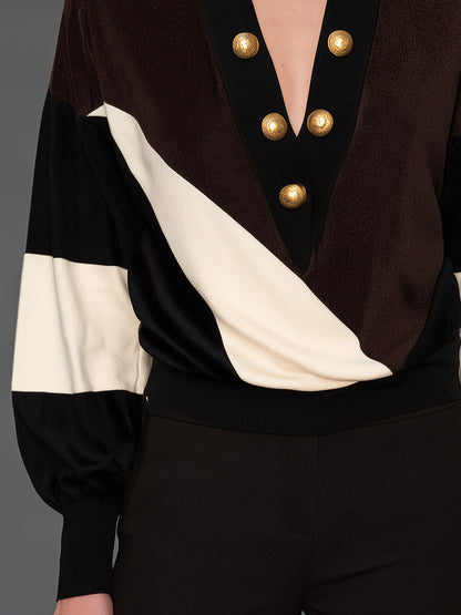 Color-Block Button-Detail Knit Top