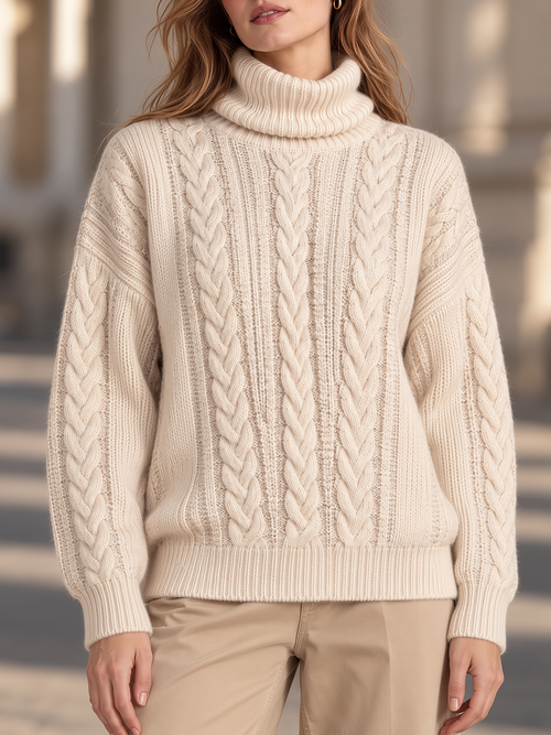 Cable Knit Turtleneck Oversized Chunky Braided Pullover Sweater
