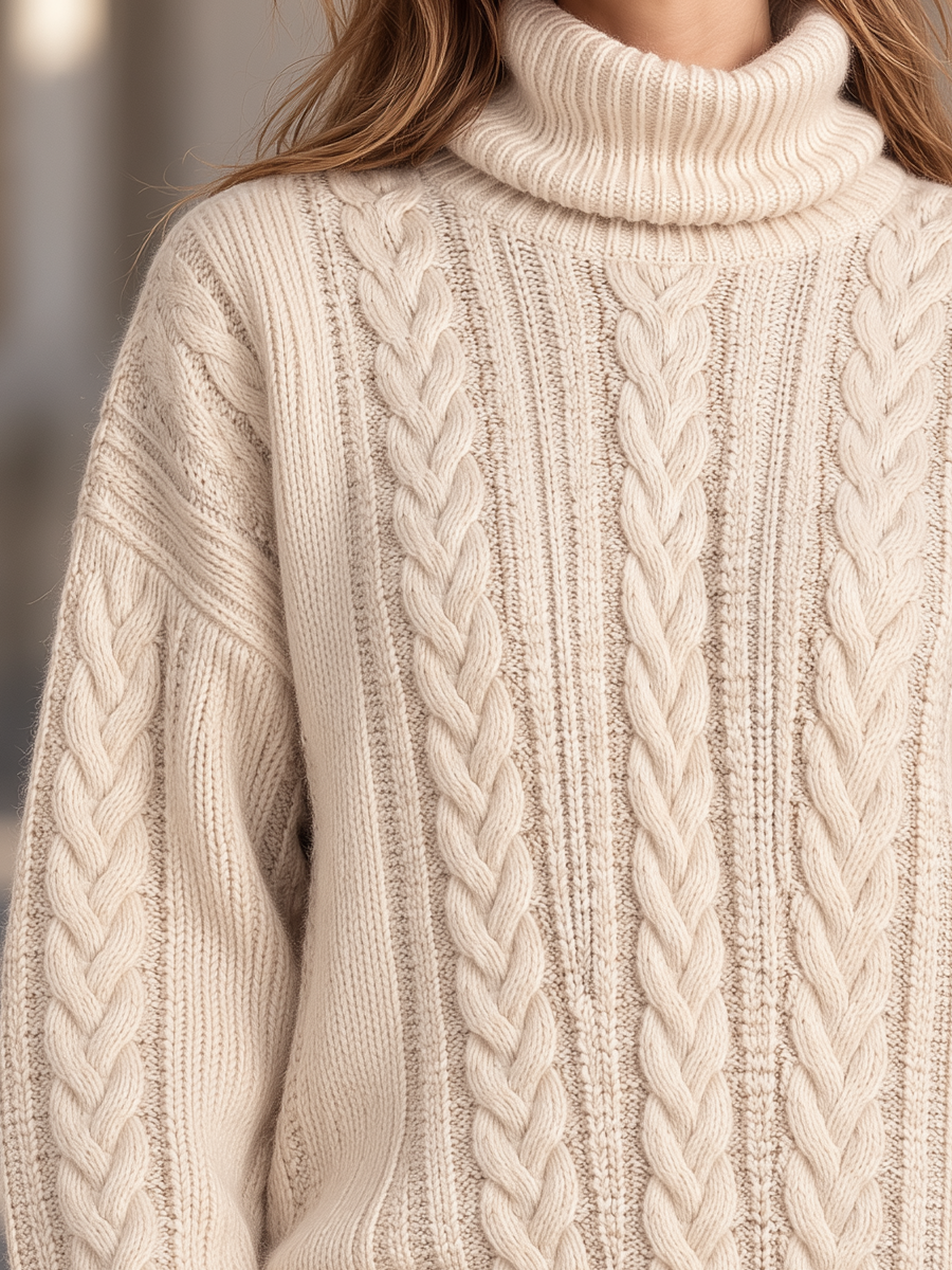 Cable Knit Turtleneck Oversized Chunky Braided Pullover Sweater