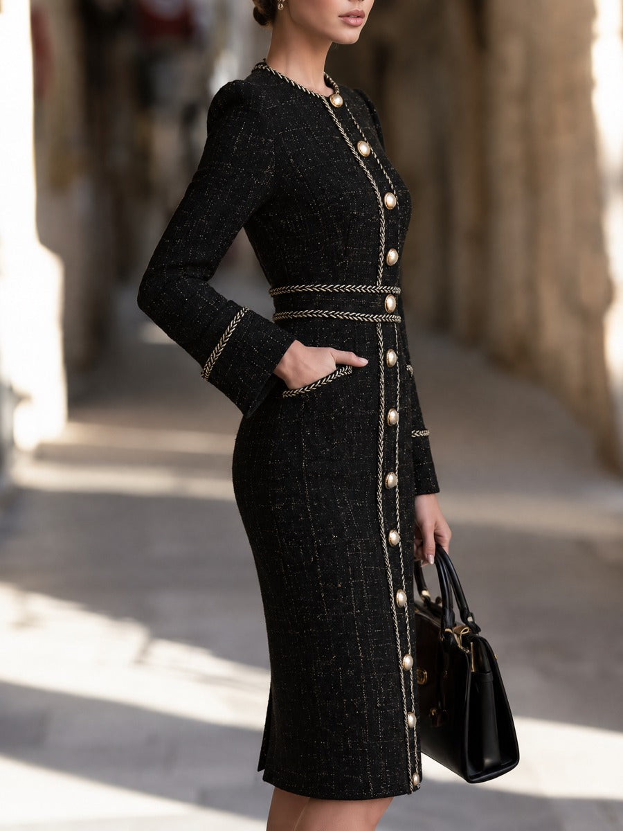 Elegant Tweed Long Sleeve Dress with Gold Button Trim