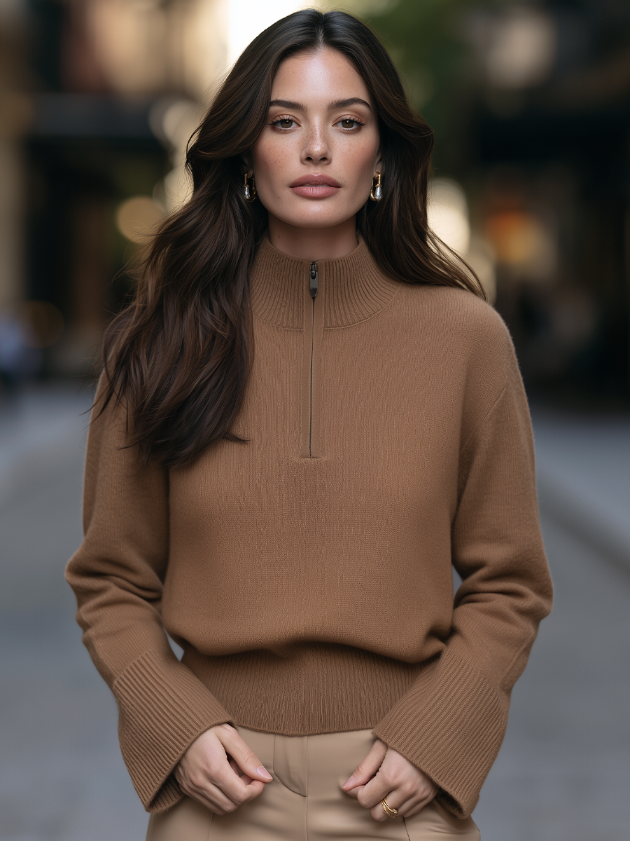 Mock Neck Half-Zip Long Sleeve Relaxed Knit Sweater With Deep Ribbed Cuffs