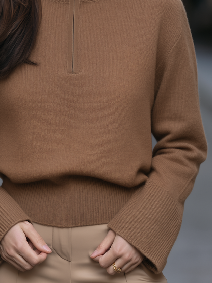 Mock Neck Half-Zip Long Sleeve Relaxed Knit Sweater With Deep Ribbed Cuffs