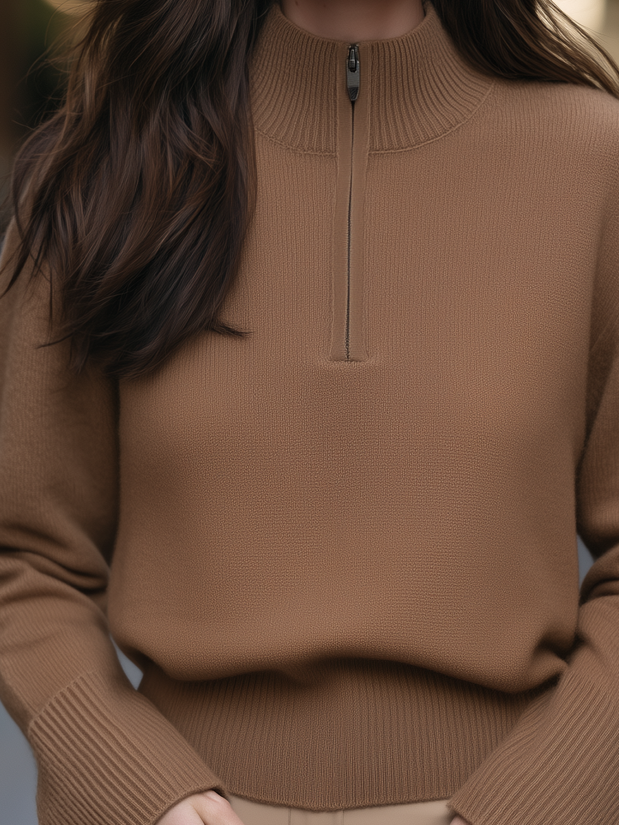 Mock Neck Half-Zip Long Sleeve Relaxed Knit Sweater With Deep Ribbed Cuffs