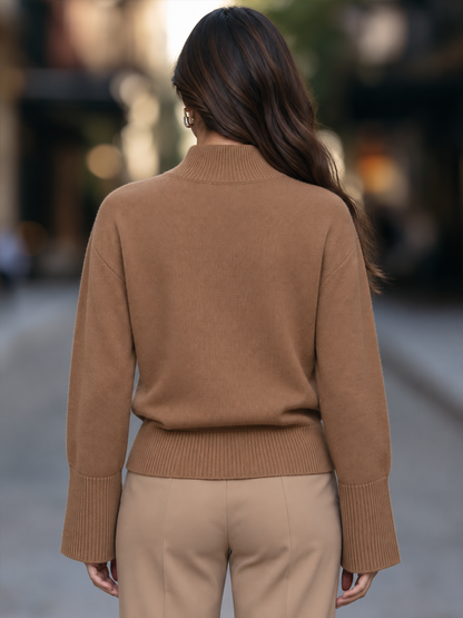 Mock Neck Half-Zip Long Sleeve Relaxed Knit Sweater With Deep Ribbed Cuffs