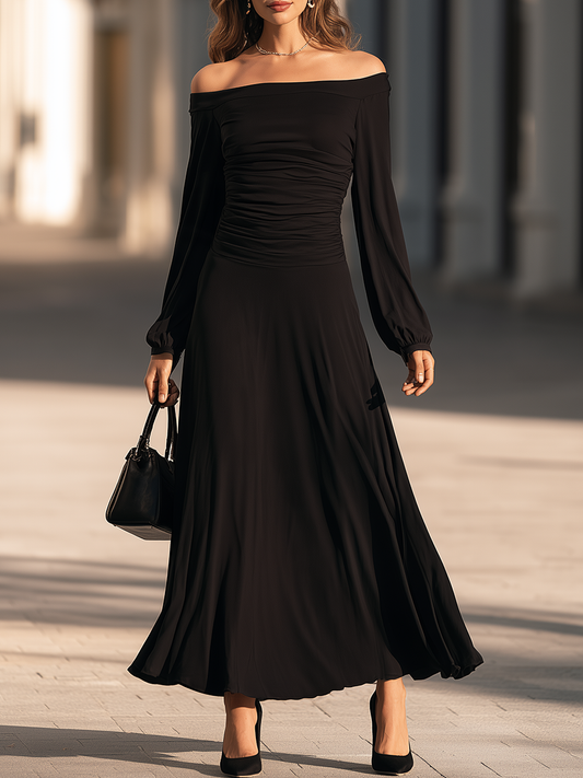 Off Shoulder Long Bishop Sleeve Ruched Bodice Fit And Flare Maxi Dress