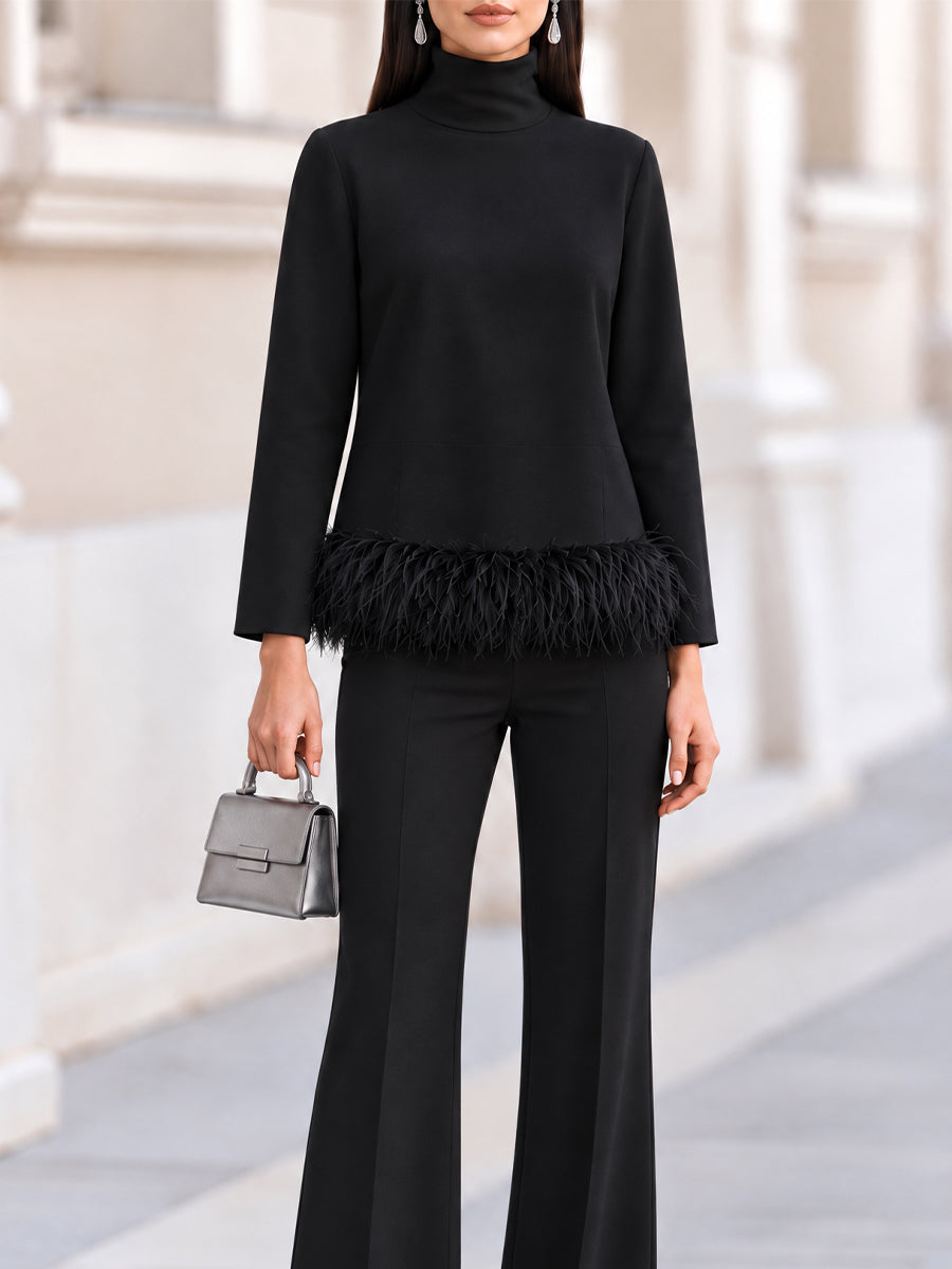 Long Sleeve High Neck Feather Hem Top & High Waist Flared Trousers Two Piece Outfit