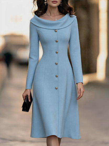 Elegant Decorative Buttons Off-the-Shoulder Portrait Collar Midi Dress