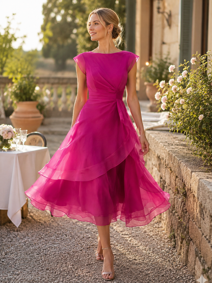 Layered Organza Cap Sleeve A-Line Midi Dress