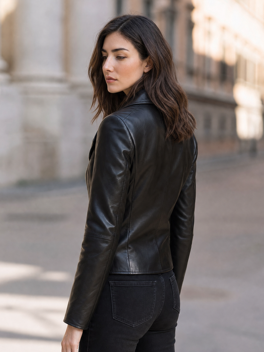 Faux Leather Asymmetrical Silver Zip Notched-Lapel Jacket