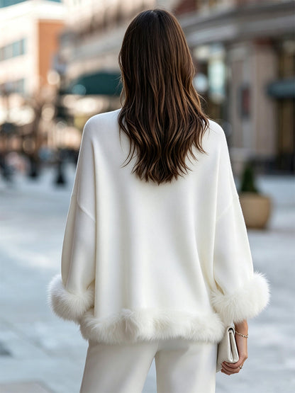 Elegant Faux Fur-Trimmed Knit Sweater