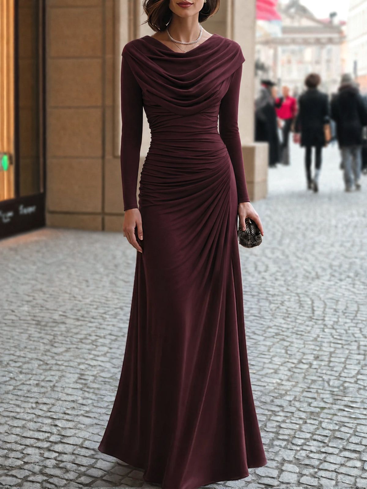 Draped Cowl Neck Ruched Maxi Dress