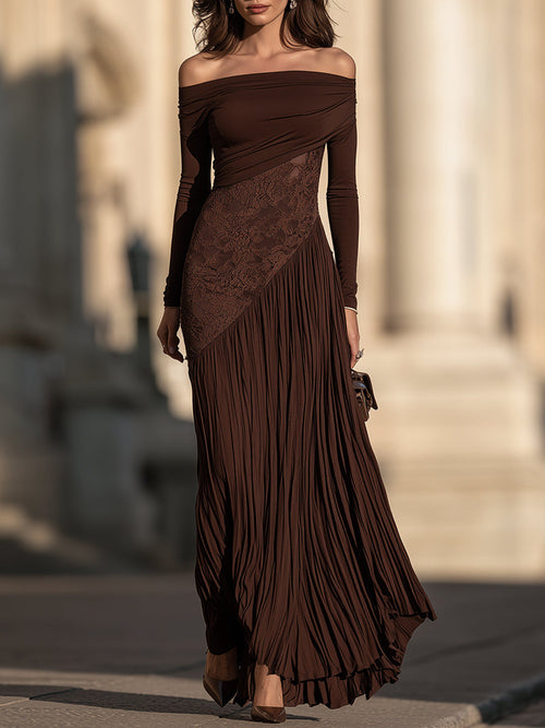 Off-Shoulder Lace Panel Pleated Maxi Dress